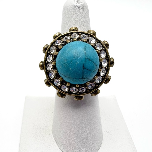 Anthropologie Turquoise Howlite Stone & Antique Brass Statement Ring - Picture 2 of 6